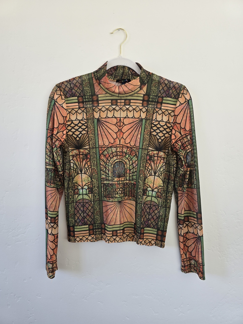 Mesh Long Sleeve Printed Mock Neck Top